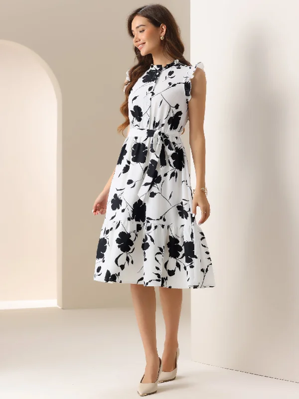 Petite DressFloral Sleeveless Ruffle Neck Lace-Up Midi Dress