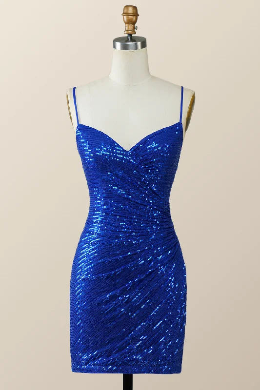 women's bow dressesStraps Royal Blue Sequin Tight Mini Dress