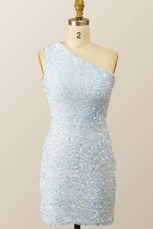 women's high-end dressesOne Shoulder Sky Blue Sequin Bodycon Mini Dress