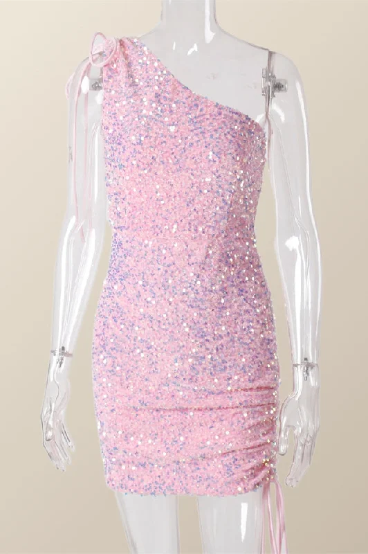 women's wrinkle-resistant dressesRuched One Shoulder and Hem Pink Sequin Mini Dress