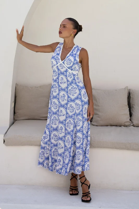 women's lace-up dressesDelilah Blue Floral V-Neck Maxi Dress