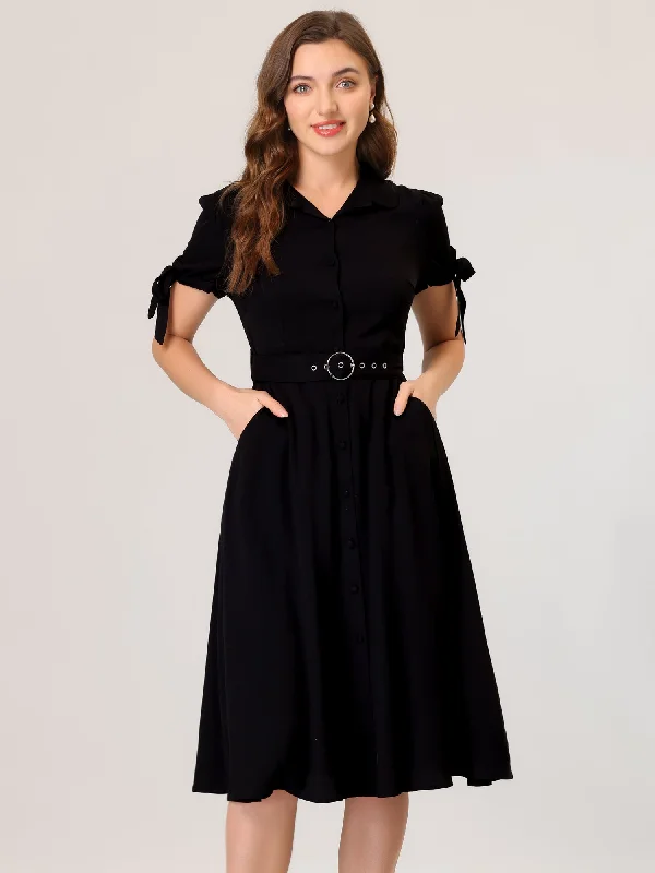 Plus-Size DressCasual Short Sleeve Pocket Belted Button Down Midi Shirt Dress