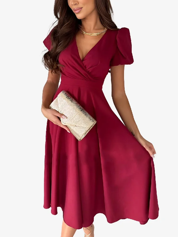 women's limited-edition dressesSolid Color V Neck Puff Short Sleeve Midi Dress