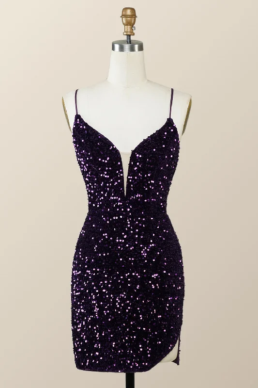 women's business casual dressesStraps Purple Sequin Tight Mini Dress with Slit