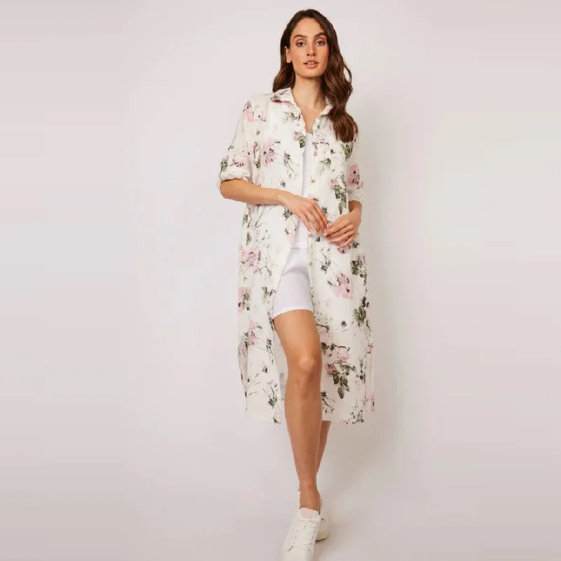 Tea-Length DressMaxi Linen Blouse Dress (Pink Floral Print)