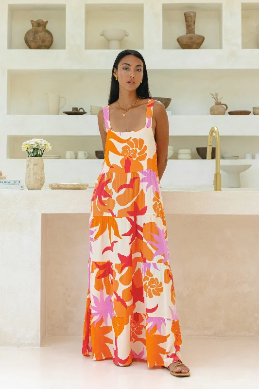 Floral DressCalinda Orange Abstract Tiered Maxi Dress