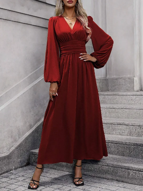 Bridesmaid DressSolid Color V Neck Lantern Sleeves Slit Midi Dress