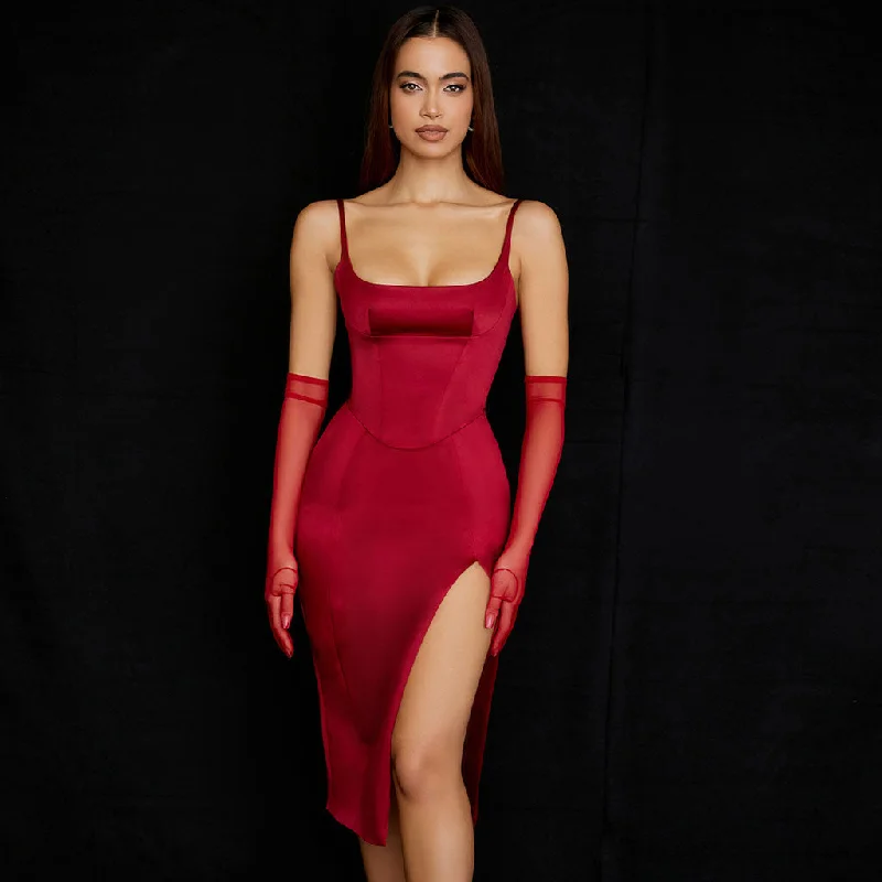 women's plus-size dressesHigh Slit Slip Cocktail Midi Dress - Red