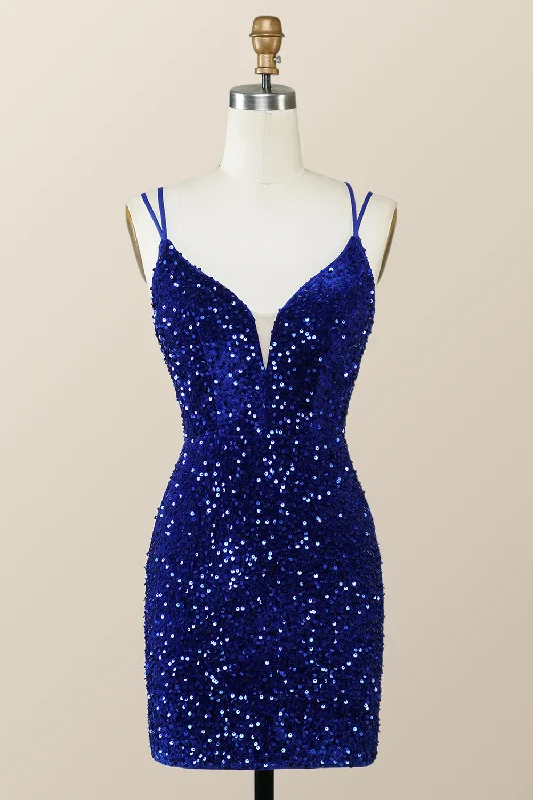 women's petite dressesRoyal Blue Sequin Tight Mini Dress with Double Straps