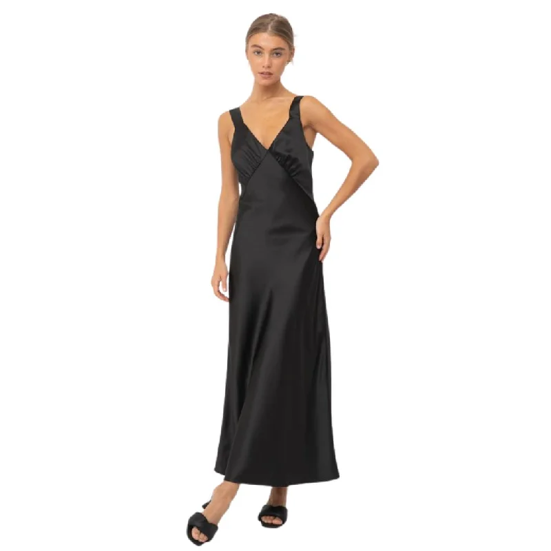 Leather DressV Neck Sleeveless Satin Maxi Dress (Black)