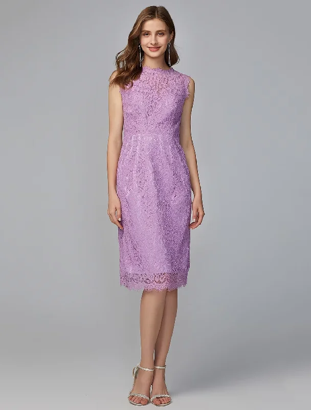 Embellished DressSheath / Column Bridesmaid Dress Jewel Neck Sleeveless Elegant Midi / Knee Length Lace with Lace