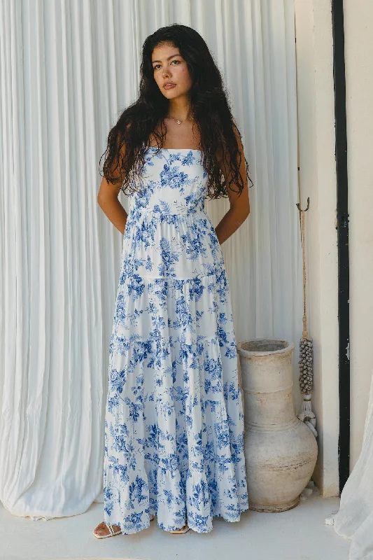 women's beach dressesRosette Blue Floral Tiered Maxi Dress