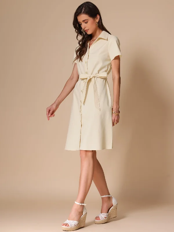 women's formal dressesLinen Cotton Short Sleeve Button Down Midi Shirt Dress