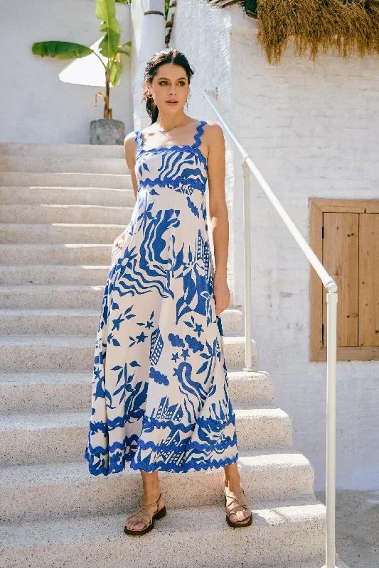 Lace DressCali Blue Abstract Ric Rac Tiered Maxi Dress