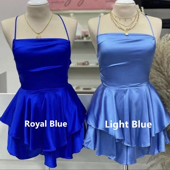 women's ball gown dressesRoyal Blue Straps A-Line Satin Simple Homecoming Dress Mini Birthday Outfits, D162