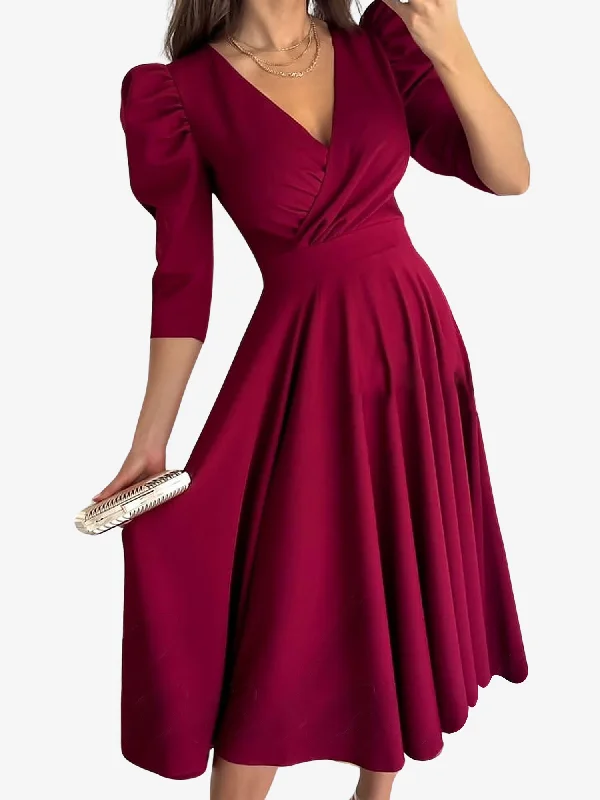 women's made-to-order dressesSolid Color V-Neck Puff Sleeve A-Line Midi Dress