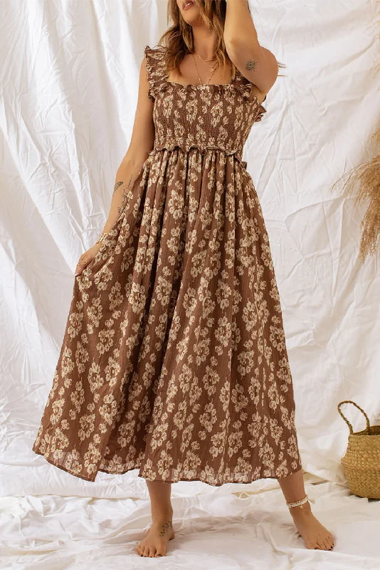 women's wrinkle-resistant dressesRuffled Straps Smocked Floral Maxi Dress