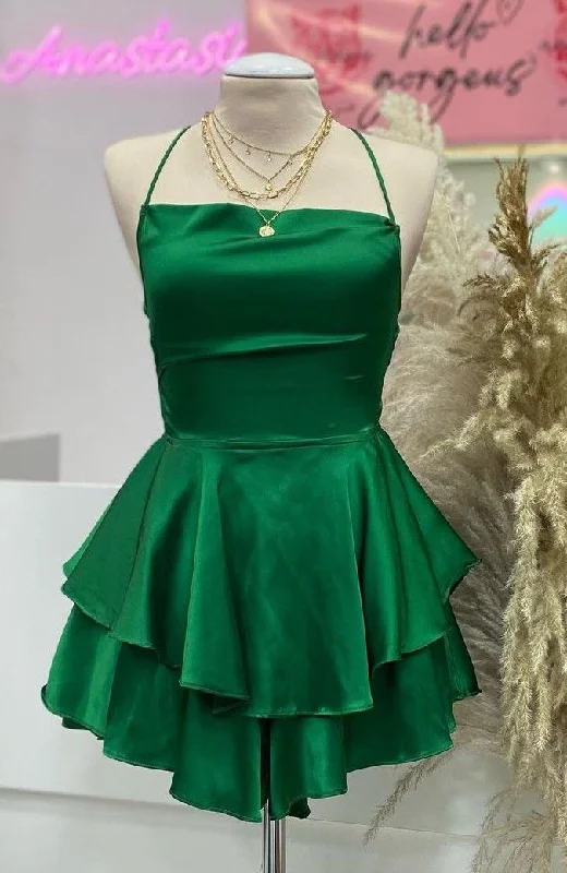 women's A-line dressesGreen Straps A-Line Satin Simple Homecoming Dress Mini Birthday Outfits, D163