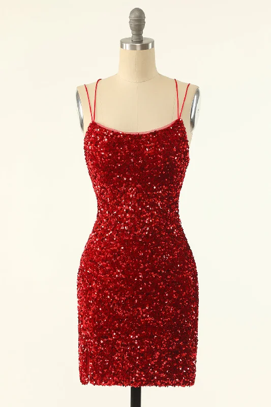 women's trendy dressesRed Sequin Bodycon Mini Party Dress with Double Straps