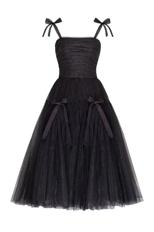 women's evening dressesAdorable midi tie-strap black tulle dress