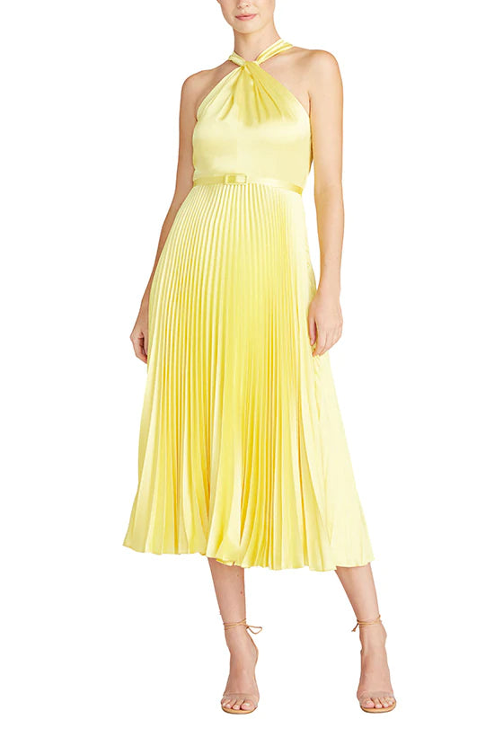 women's cold-shoulder dressesCrossover Neckline Satin Midi Dress - Lemon