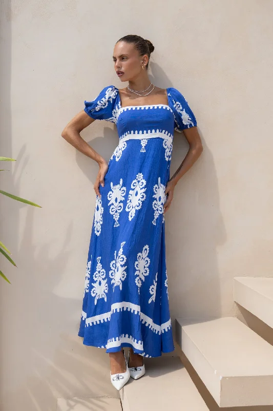 Sleeveless DressLune Blue Abstract Puff Sleeve Maxi Dress