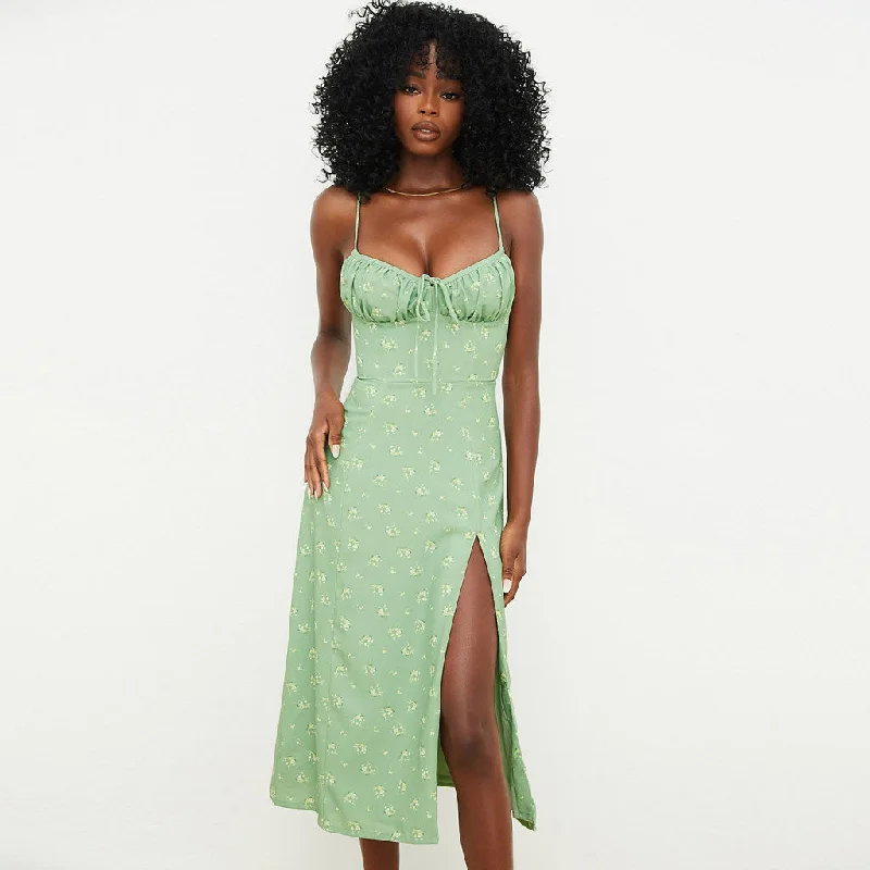 women's cold-shoulder dressesDaisy Printed Tied Bustier High Slit Slip Midi Dress - Light Green