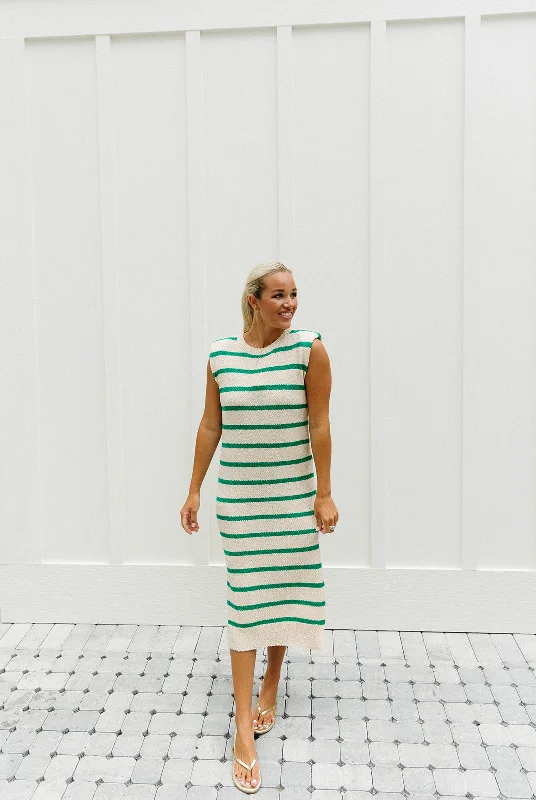 Empire DressStay Happy Midi Dress - Ecru/Emerald