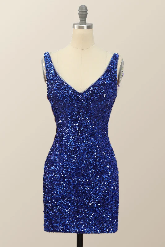 women's stretch dressesV Neck Royal Blue Sequin Bodycon Mini Dress