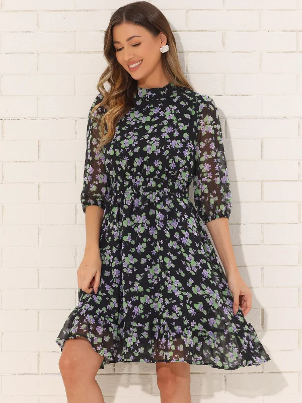 women's work dressesFloral Casual Mock Neck Chiffon A-Line Midi Dress