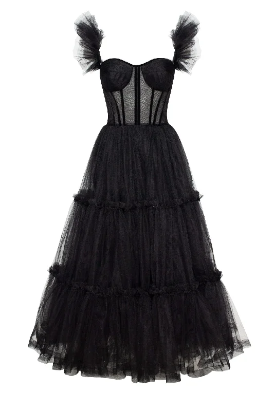 Crepe DressBlack Ruffled Tulle Midi Dress