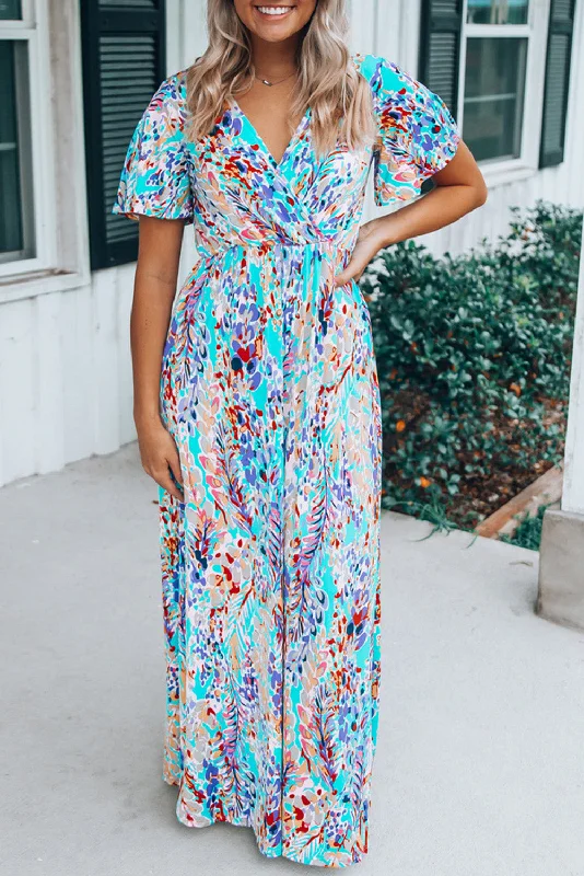 women's neon dressesWrap V Neck Floral Maxi Dress