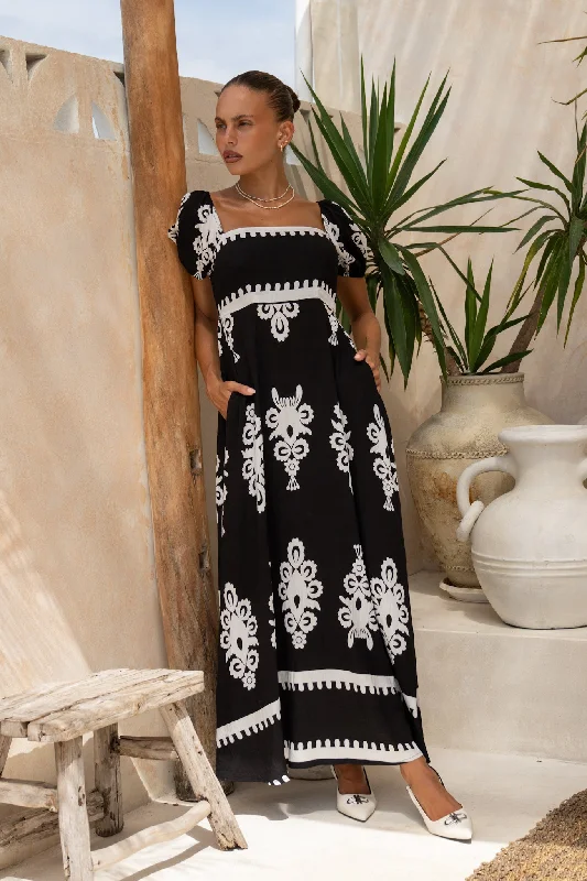 women's flowy dressesLuna Black Abstract Puff Sleeve Maxi Dress