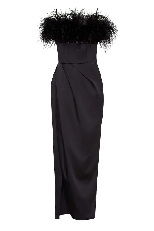 women's ruffle dressesBlack Celina Slip Midi Feathered Dress