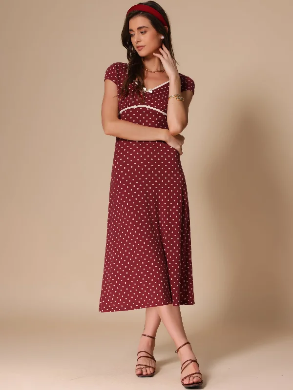 Statement DressV Neck Cap Sleeve Polka Dots Vintage Midi Dress