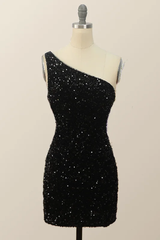 women's body-skimming dressesOne Shoulder Black Sequin Bodycon Mini Dress