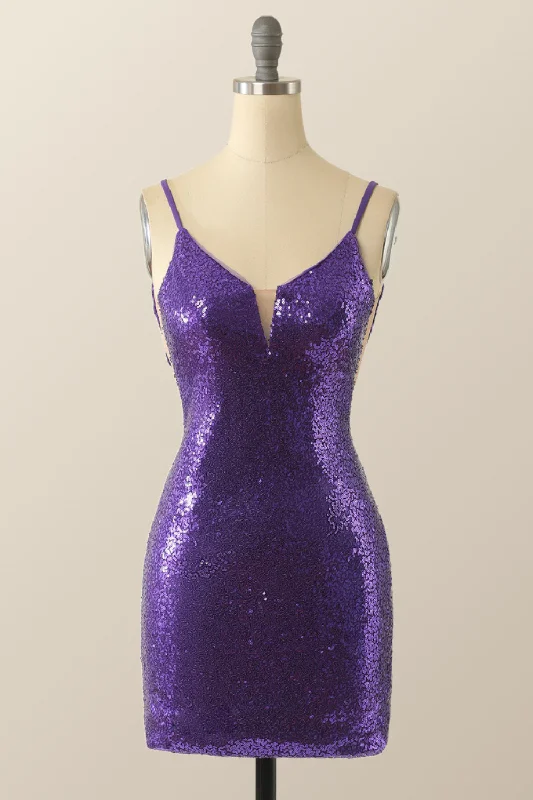 women's club dressesStraps Purple Sequin Bodycon Mini Dress