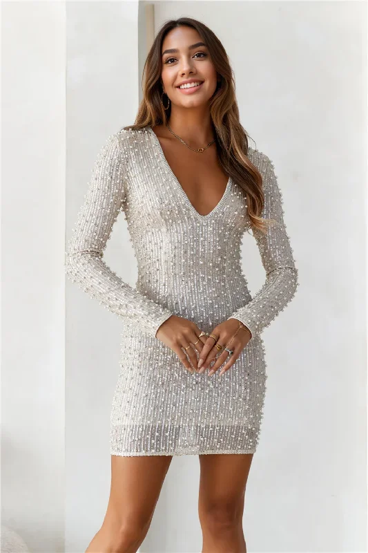 Long-Sleeve DressLuxury Gold Long Sleeve Mini Dress Pearl