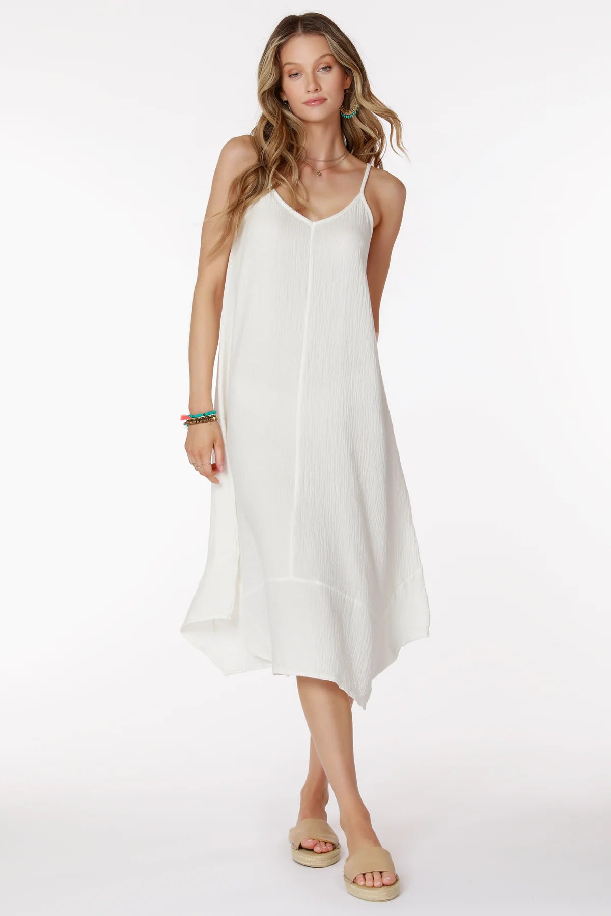 Designer DressCami V Neck Midi Handkerchief Dress - White