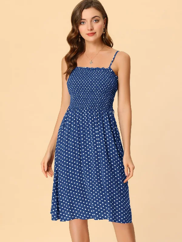 women's silk dressesBohemian Smocked Belted Spaghetti Strap Polka Dot Midi Dress Sundress