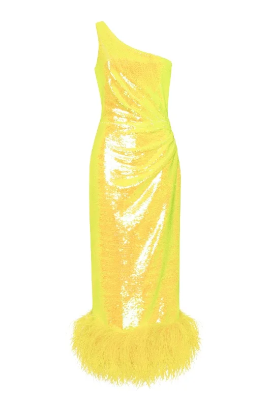 Skater DressVivid one-shoulder yellow sparkling wrapped midi dress