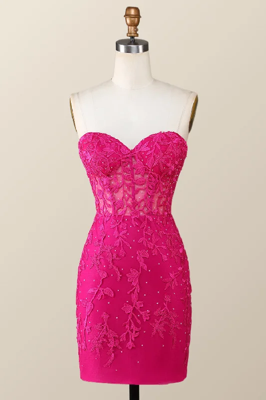 women's everyday dressesHot Pink Lace Appliques Tight Mini Dress