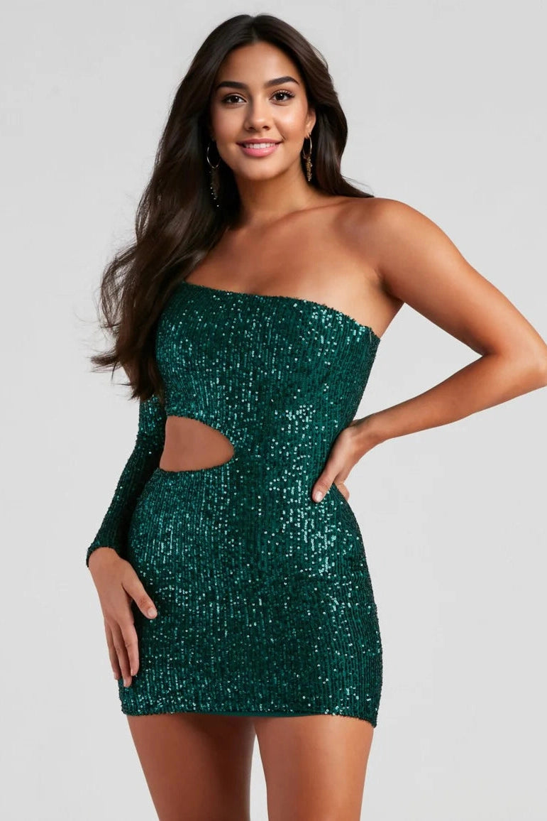 women's wrinkle-resistant dressesSparkle Party Sequin One-Shoulder Mini Dress