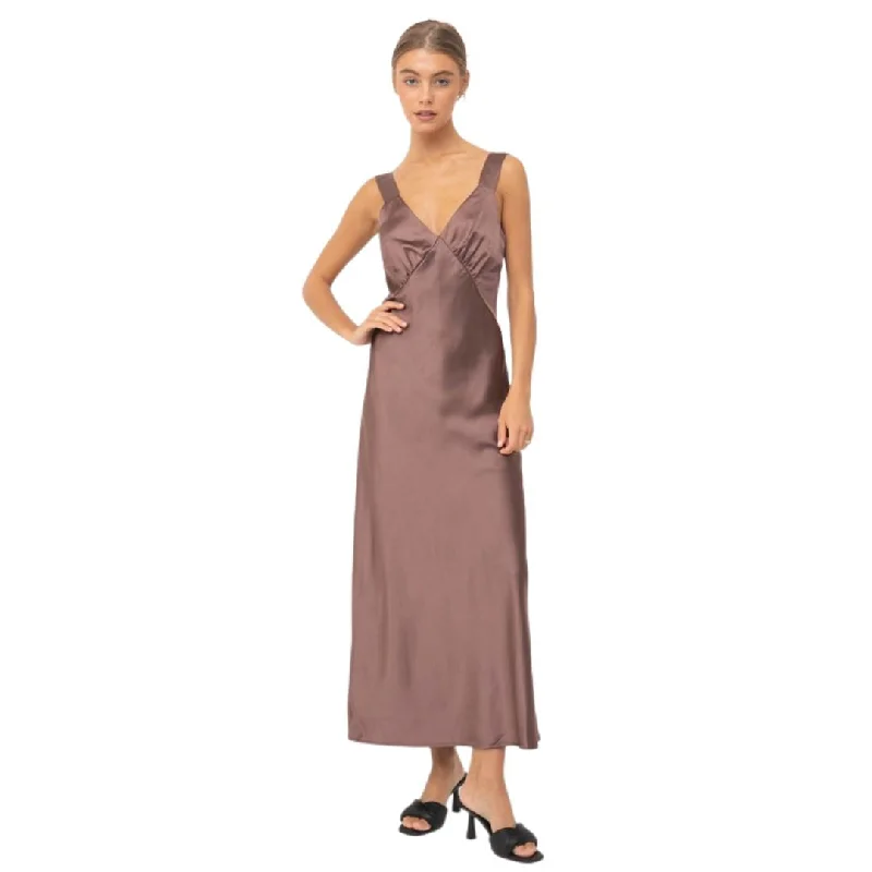 Jersey DressV Neck Sleeveless Satin Maxi Dress (Mocha)