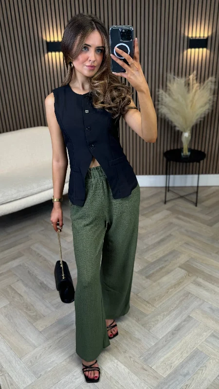 women's chic pantsAnastasia Olive Textured Wide Leg Trousers