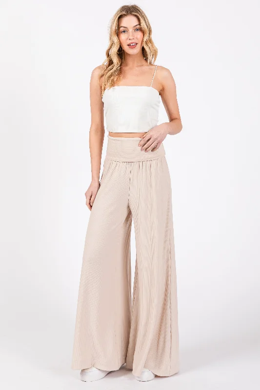 women's mid-rise pantsBeige Ribbed Foldover Waist Wide Leg Pants