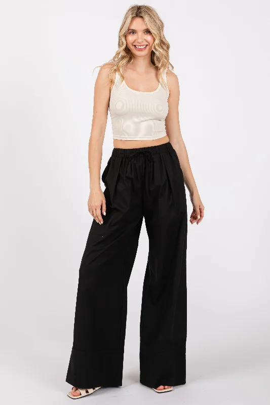 women's patterned pantsBlack Pleated Drawstring Waist Pants