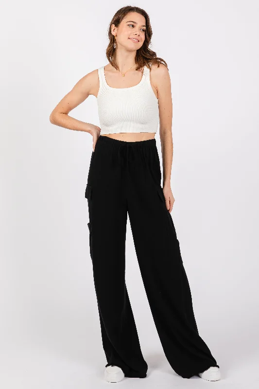 women's chiffon pantsBlack Pocketed Drawstring Pants