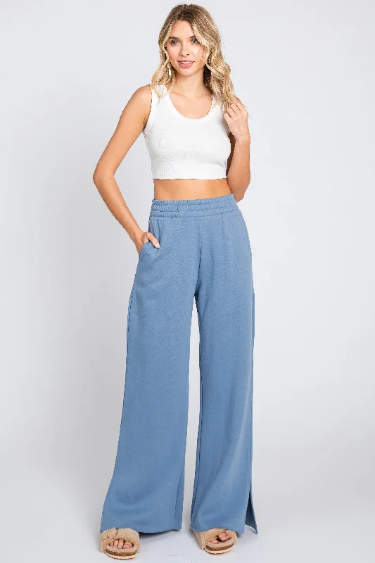 women's fall pantsBlue Soft Wide Leg Side Slit Sweatpants