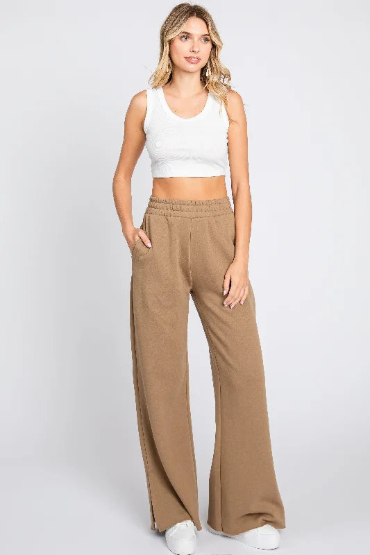 women's thermal pantsBrown Soft Wide Leg Side Slit Sweatpants